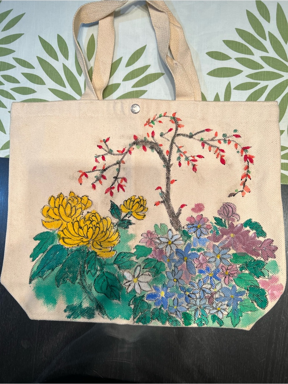 Canvas Floral Tote Bag - Beige with Yellow & Multicolor Floral handmade painting